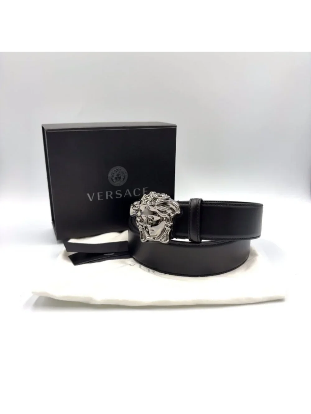 Versace Medusa Head Leather Black Belt Silver